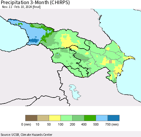 Azerbaijan, Armenia and Georgia Precipitation 3-Month (CHIRPS) Thematic Map For 11/11/2023 - 2/10/2024