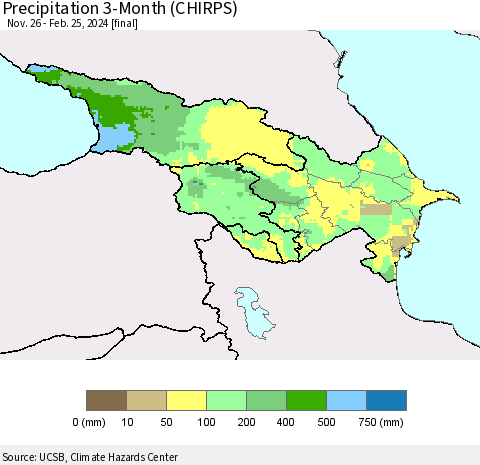 Azerbaijan, Armenia and Georgia Precipitation 3-Month (CHIRPS) Thematic Map For 11/26/2023 - 2/25/2024