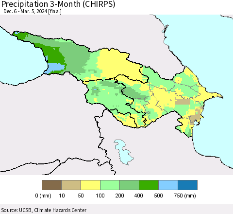 Azerbaijan, Armenia and Georgia Precipitation 3-Month (CHIRPS) Thematic Map For 12/6/2023 - 3/5/2024