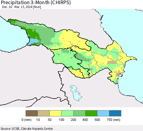 Azerbaijan, Armenia and Georgia Precipitation 3-Month (CHIRPS) Thematic Map For 12/16/2023 - 3/15/2024
