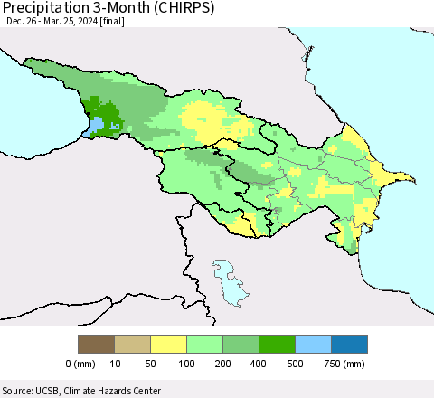 Azerbaijan, Armenia and Georgia Precipitation 3-Month (CHIRPS) Thematic Map For 12/26/2023 - 3/25/2024