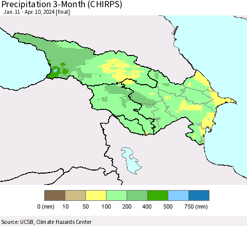Azerbaijan, Armenia and Georgia Precipitation 3-Month (CHIRPS) Thematic Map For 1/11/2024 - 4/10/2024