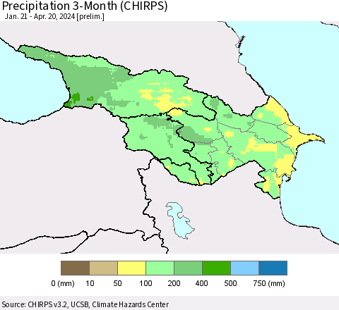 Azerbaijan, Armenia and Georgia Precipitation 3-Month (CHIRPS) Thematic Map For 1/21/2024 - 4/20/2024
