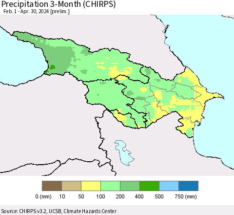 Azerbaijan, Armenia and Georgia Precipitation 3-Month (CHIRPS) Thematic Map For 2/1/2024 - 4/30/2024