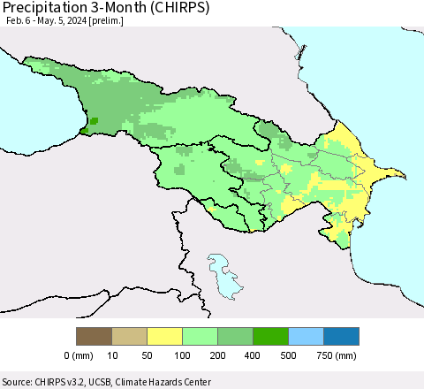 Azerbaijan, Armenia and Georgia Precipitation 3-Month (CHIRPS) Thematic Map For 2/6/2024 - 5/5/2024