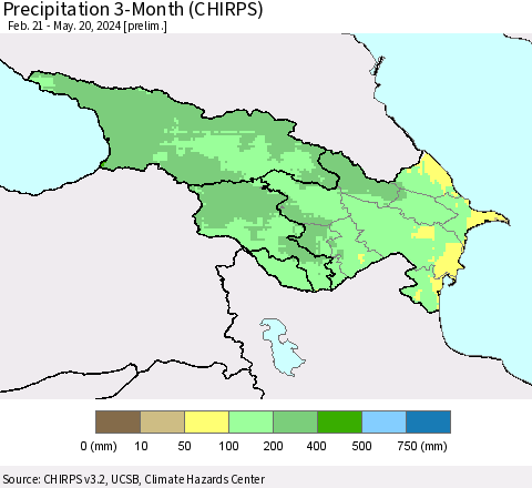 Azerbaijan, Armenia and Georgia Precipitation 3-Month (CHIRPS) Thematic Map For 2/21/2024 - 5/20/2024