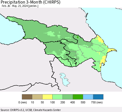 Azerbaijan, Armenia and Georgia Precipitation 3-Month (CHIRPS) Thematic Map For 2/26/2024 - 5/25/2024