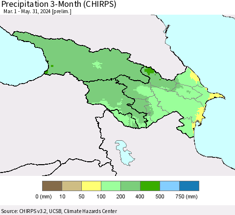 Azerbaijan, Armenia and Georgia Precipitation 3-Month (CHIRPS) Thematic Map For 3/1/2024 - 5/31/2024