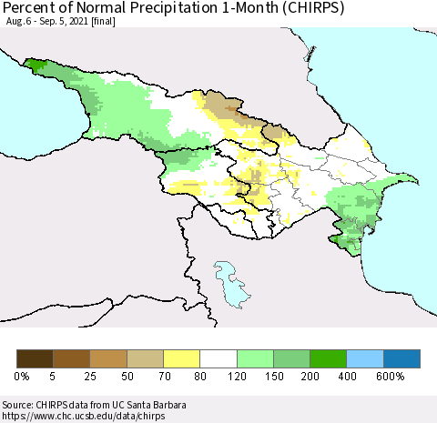 Azerbaijan, Armenia and Georgia Percent of Normal Precipitation 1-Month (CHIRPS) Thematic Map For 8/6/2021 - 9/5/2021