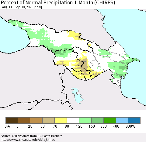 Azerbaijan, Armenia and Georgia Percent of Normal Precipitation 1-Month (CHIRPS) Thematic Map For 8/11/2021 - 9/10/2021