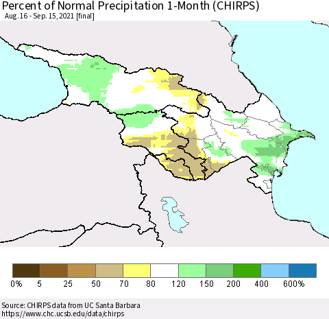 Azerbaijan, Armenia and Georgia Percent of Normal Precipitation 1-Month (CHIRPS) Thematic Map For 8/16/2021 - 9/15/2021