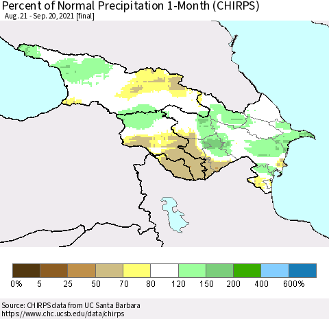 Azerbaijan, Armenia and Georgia Percent of Normal Precipitation 1-Month (CHIRPS) Thematic Map For 8/21/2021 - 9/20/2021