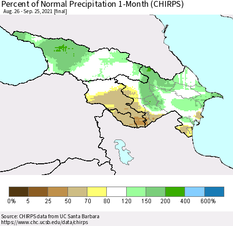 Azerbaijan, Armenia and Georgia Percent of Normal Precipitation 1-Month (CHIRPS) Thematic Map For 8/26/2021 - 9/25/2021