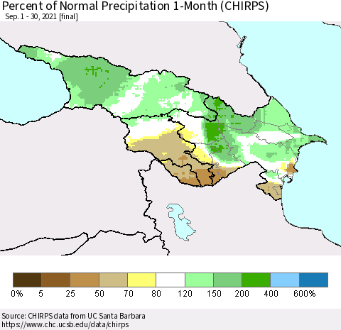 Azerbaijan, Armenia and Georgia Percent of Normal Precipitation 1-Month (CHIRPS) Thematic Map For 9/1/2021 - 9/30/2021