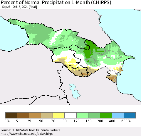 Azerbaijan, Armenia and Georgia Percent of Normal Precipitation 1-Month (CHIRPS) Thematic Map For 9/6/2021 - 10/5/2021