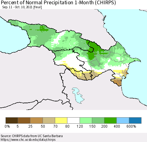 Azerbaijan, Armenia and Georgia Percent of Normal Precipitation 1-Month (CHIRPS) Thematic Map For 9/11/2021 - 10/10/2021