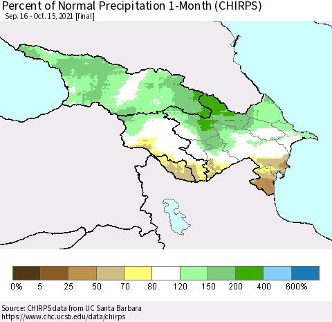 Azerbaijan, Armenia and Georgia Percent of Normal Precipitation 1-Month (CHIRPS) Thematic Map For 9/16/2021 - 10/15/2021