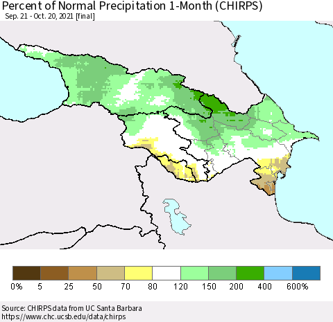 Azerbaijan, Armenia and Georgia Percent of Normal Precipitation 1-Month (CHIRPS) Thematic Map For 9/21/2021 - 10/20/2021