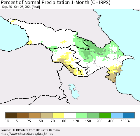Azerbaijan, Armenia and Georgia Percent of Normal Precipitation 1-Month (CHIRPS) Thematic Map For 9/26/2021 - 10/25/2021