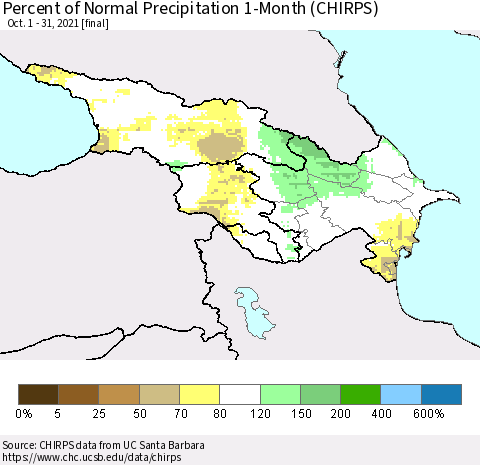 Azerbaijan, Armenia and Georgia Percent of Normal Precipitation 1-Month (CHIRPS) Thematic Map For 10/1/2021 - 10/31/2021