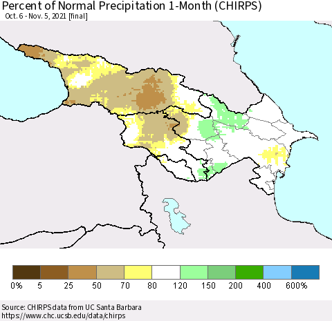 Azerbaijan, Armenia and Georgia Percent of Normal Precipitation 1-Month (CHIRPS) Thematic Map For 10/6/2021 - 11/5/2021