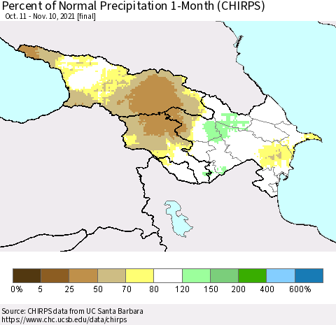 Azerbaijan, Armenia and Georgia Percent of Normal Precipitation 1-Month (CHIRPS) Thematic Map For 10/11/2021 - 11/10/2021