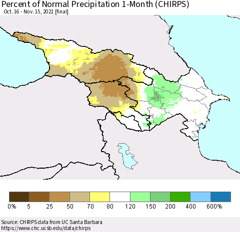 Azerbaijan, Armenia and Georgia Percent of Normal Precipitation 1-Month (CHIRPS) Thematic Map For 10/16/2021 - 11/15/2021