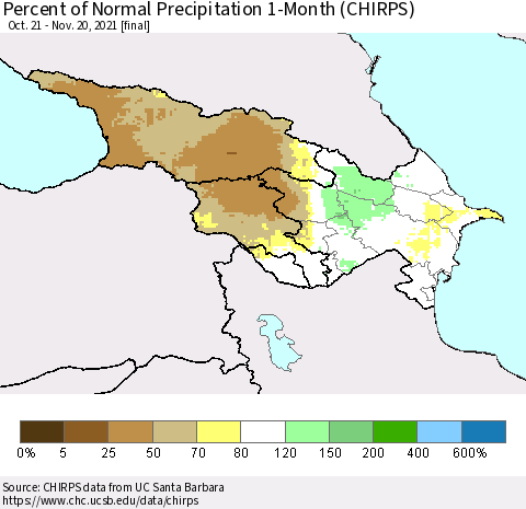 Azerbaijan, Armenia and Georgia Percent of Normal Precipitation 1-Month (CHIRPS) Thematic Map For 10/21/2021 - 11/20/2021
