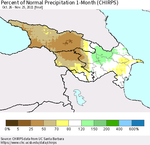 Azerbaijan, Armenia and Georgia Percent of Normal Precipitation 1-Month (CHIRPS) Thematic Map For 10/26/2021 - 11/25/2021