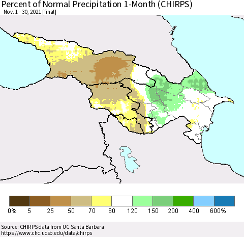 Azerbaijan, Armenia and Georgia Percent of Normal Precipitation 1-Month (CHIRPS) Thematic Map For 11/1/2021 - 11/30/2021