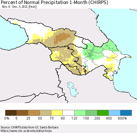 Azerbaijan, Armenia and Georgia Percent of Normal Precipitation 1-Month (CHIRPS) Thematic Map For 11/6/2021 - 12/5/2021