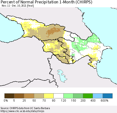 Azerbaijan, Armenia and Georgia Percent of Normal Precipitation 1-Month (CHIRPS) Thematic Map For 11/11/2021 - 12/10/2021