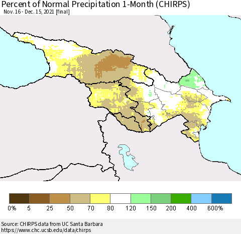 Azerbaijan, Armenia and Georgia Percent of Normal Precipitation 1-Month (CHIRPS) Thematic Map For 11/16/2021 - 12/15/2021
