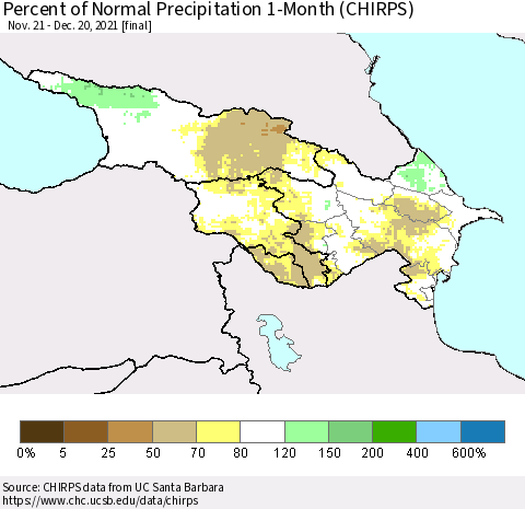 Azerbaijan, Armenia and Georgia Percent of Normal Precipitation 1-Month (CHIRPS) Thematic Map For 11/21/2021 - 12/20/2021