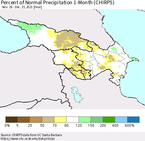 Azerbaijan, Armenia and Georgia Percent of Normal Precipitation 1-Month (CHIRPS) Thematic Map For 11/26/2021 - 12/25/2021