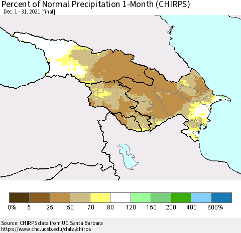 Azerbaijan, Armenia and Georgia Percent of Normal Precipitation 1-Month (CHIRPS) Thematic Map For 12/1/2021 - 12/31/2021