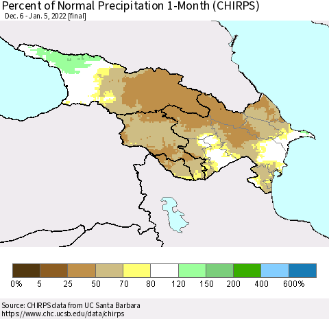 Azerbaijan, Armenia and Georgia Percent of Normal Precipitation 1-Month (CHIRPS) Thematic Map For 12/6/2021 - 1/5/2022
