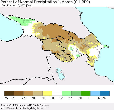 Azerbaijan, Armenia and Georgia Percent of Normal Precipitation 1-Month (CHIRPS) Thematic Map For 12/11/2021 - 1/10/2022
