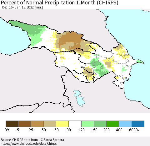 Azerbaijan, Armenia and Georgia Percent of Normal Precipitation 1-Month (CHIRPS) Thematic Map For 12/16/2021 - 1/15/2022