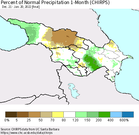 Azerbaijan, Armenia and Georgia Percent of Normal Precipitation 1-Month (CHIRPS) Thematic Map For 12/21/2021 - 1/20/2022