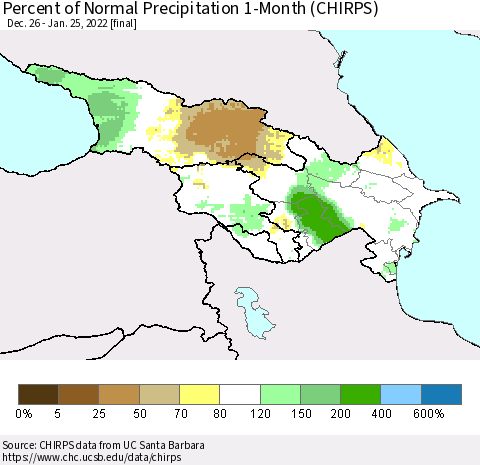 Azerbaijan, Armenia and Georgia Percent of Normal Precipitation 1-Month (CHIRPS) Thematic Map For 12/26/2021 - 1/25/2022