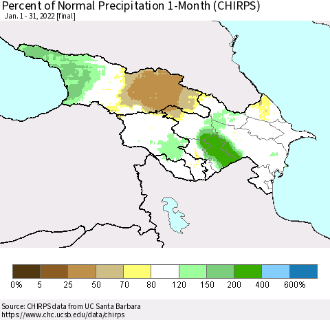 Azerbaijan, Armenia and Georgia Percent of Normal Precipitation 1-Month (CHIRPS) Thematic Map For 1/1/2022 - 1/31/2022
