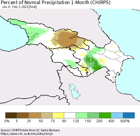 Azerbaijan, Armenia and Georgia Percent of Normal Precipitation 1-Month (CHIRPS) Thematic Map For 1/6/2022 - 2/5/2022
