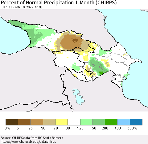 Azerbaijan, Armenia and Georgia Percent of Normal Precipitation 1-Month (CHIRPS) Thematic Map For 1/11/2022 - 2/10/2022