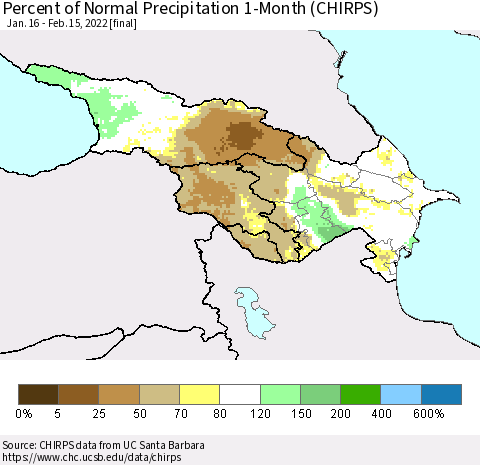 Azerbaijan, Armenia and Georgia Percent of Normal Precipitation 1-Month (CHIRPS) Thematic Map For 1/16/2022 - 2/15/2022