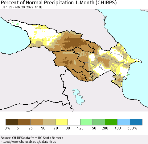Azerbaijan, Armenia and Georgia Percent of Normal Precipitation 1-Month (CHIRPS) Thematic Map For 1/21/2022 - 2/20/2022
