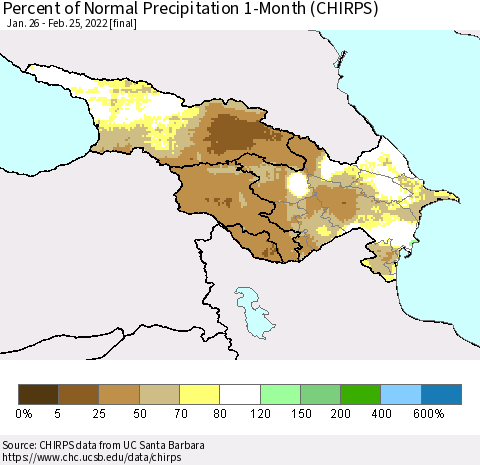 Azerbaijan, Armenia and Georgia Percent of Normal Precipitation 1-Month (CHIRPS) Thematic Map For 1/26/2022 - 2/25/2022