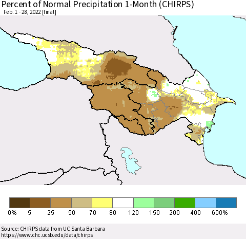 Azerbaijan, Armenia and Georgia Percent of Normal Precipitation 1-Month (CHIRPS) Thematic Map For 2/1/2022 - 2/28/2022