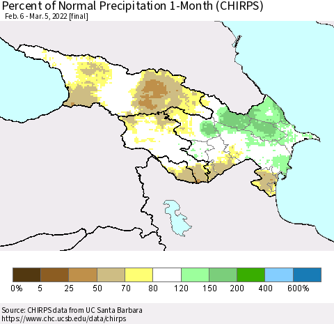 Azerbaijan, Armenia and Georgia Percent of Normal Precipitation 1-Month (CHIRPS) Thematic Map For 2/6/2022 - 3/5/2022