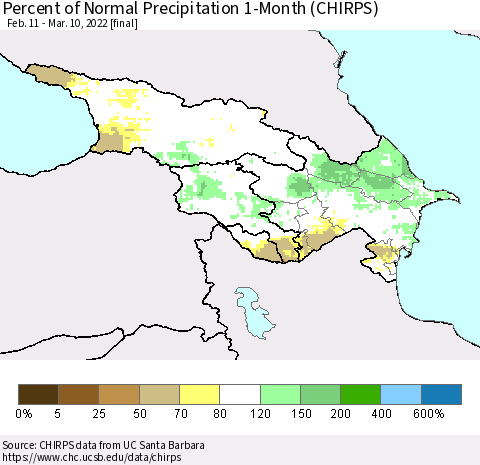 Azerbaijan, Armenia and Georgia Percent of Normal Precipitation 1-Month (CHIRPS) Thematic Map For 2/11/2022 - 3/10/2022